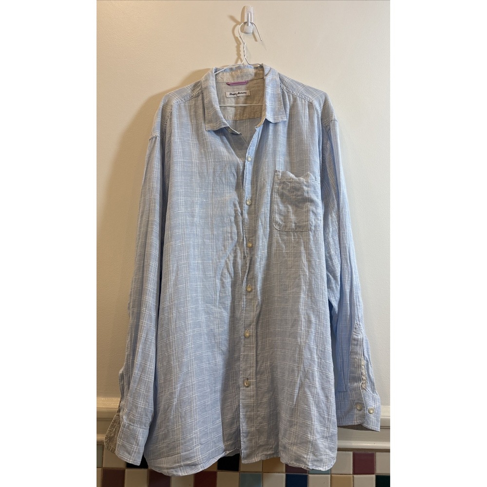 Tommy Bahama Men's 3XL XXXL Ventana Plaid Linen Shirt Sky Blue Long Sleeve